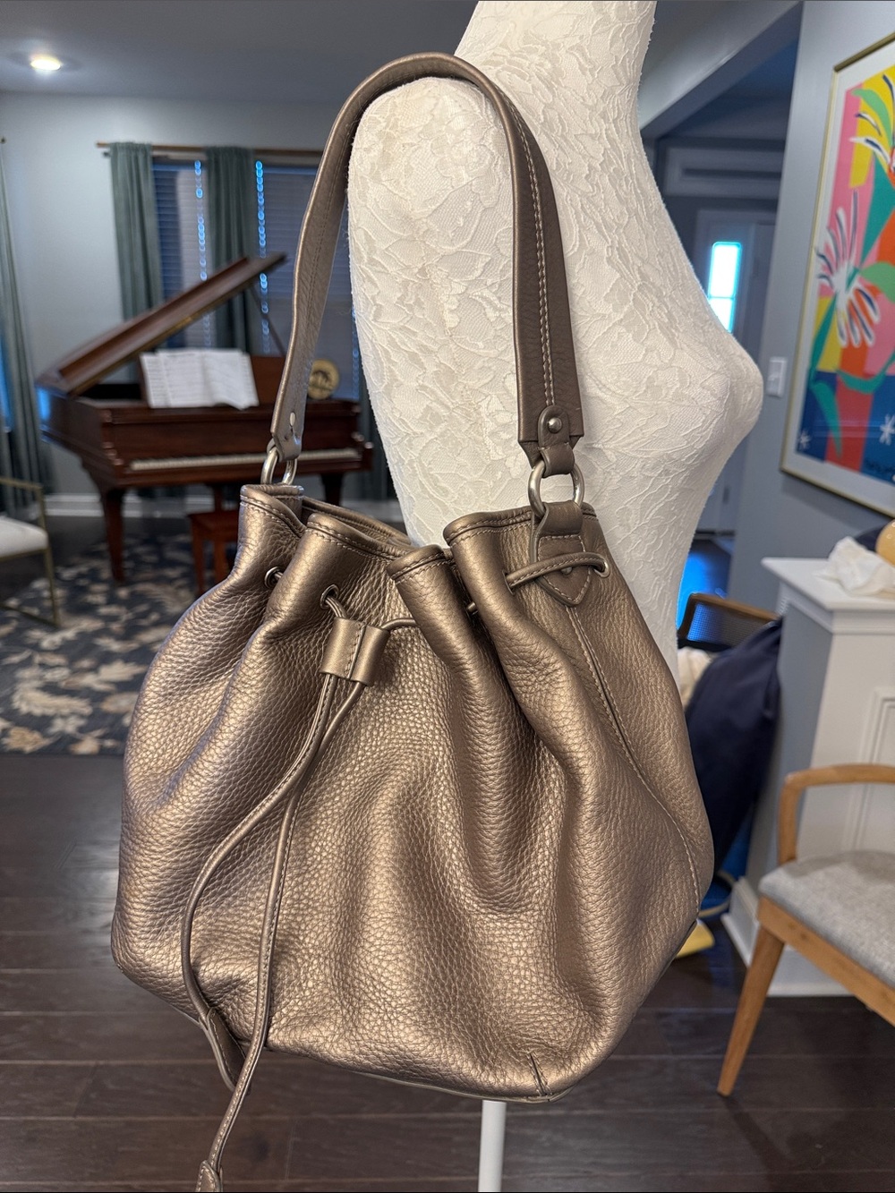 Cole Haan Pebbled Leather Drawstring Hobo in Taupe Brown